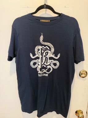 Roberto Cavalli Navy Tee with White Snake Monogram